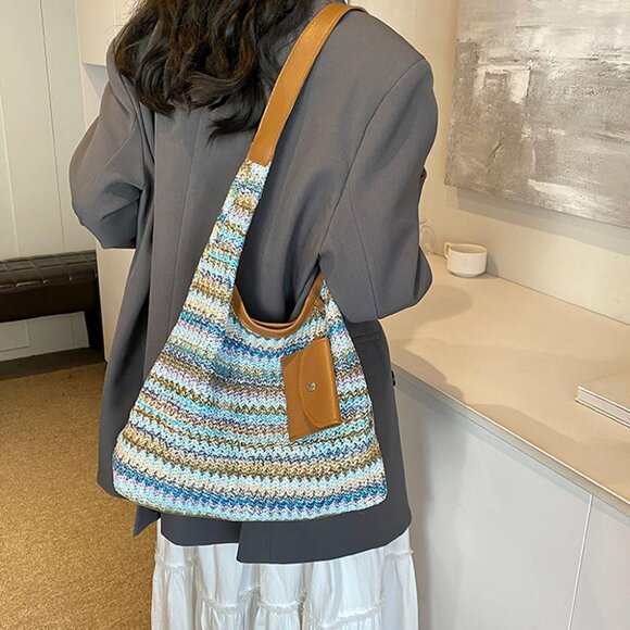 Colorful straw beach shoulder handbag with adjustable straps and small wallet - Picture 6 of 6